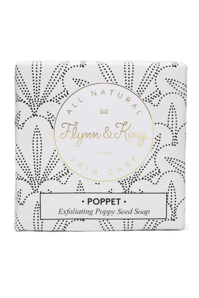 Flynn & King Poppet Exfoliating Poppy Seed Soap, 5 oz bar packaging