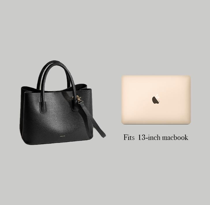 Angela Roi Vegan Cher Tote in Black, side-by-side with Macbook