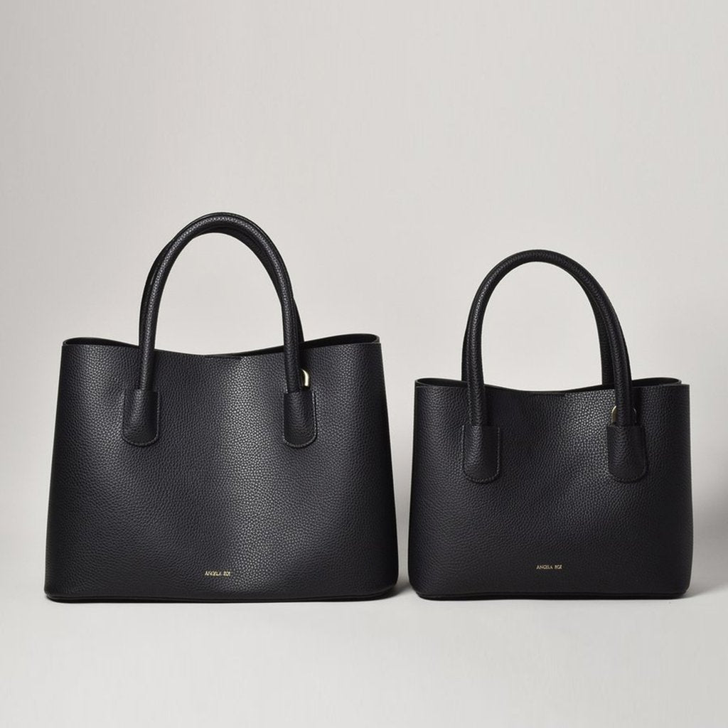 Angela Roi Vegan Cher Tote Mini in Black, side-by-side with full size Cher bag