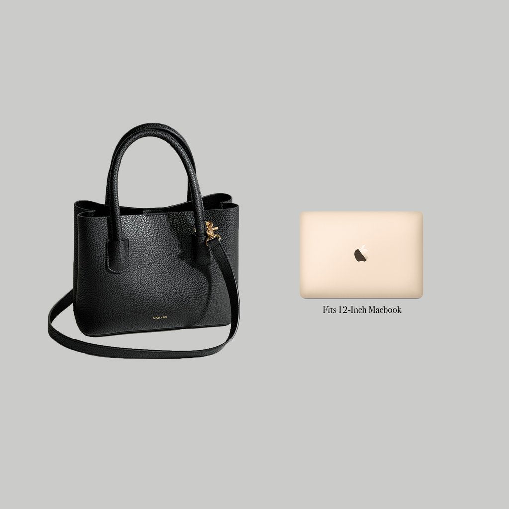 Angela Roi Vegan Cher Tote Mini in Light Grey, side-by-side with Macbook