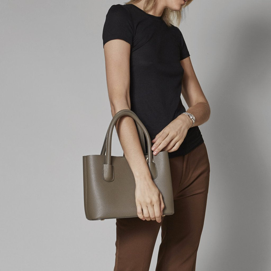 Angela Roi Vegan Cher Tote in Ash Brown, with model